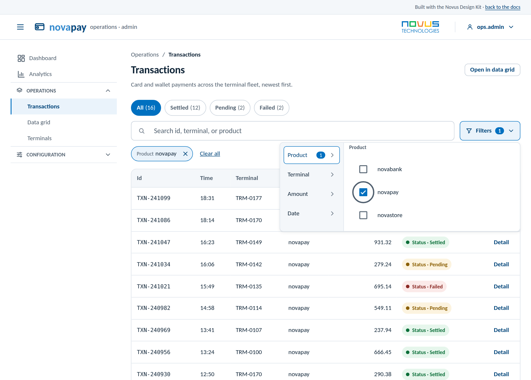 material flavor: Transactions: Filters sheet, active chip, quick chips